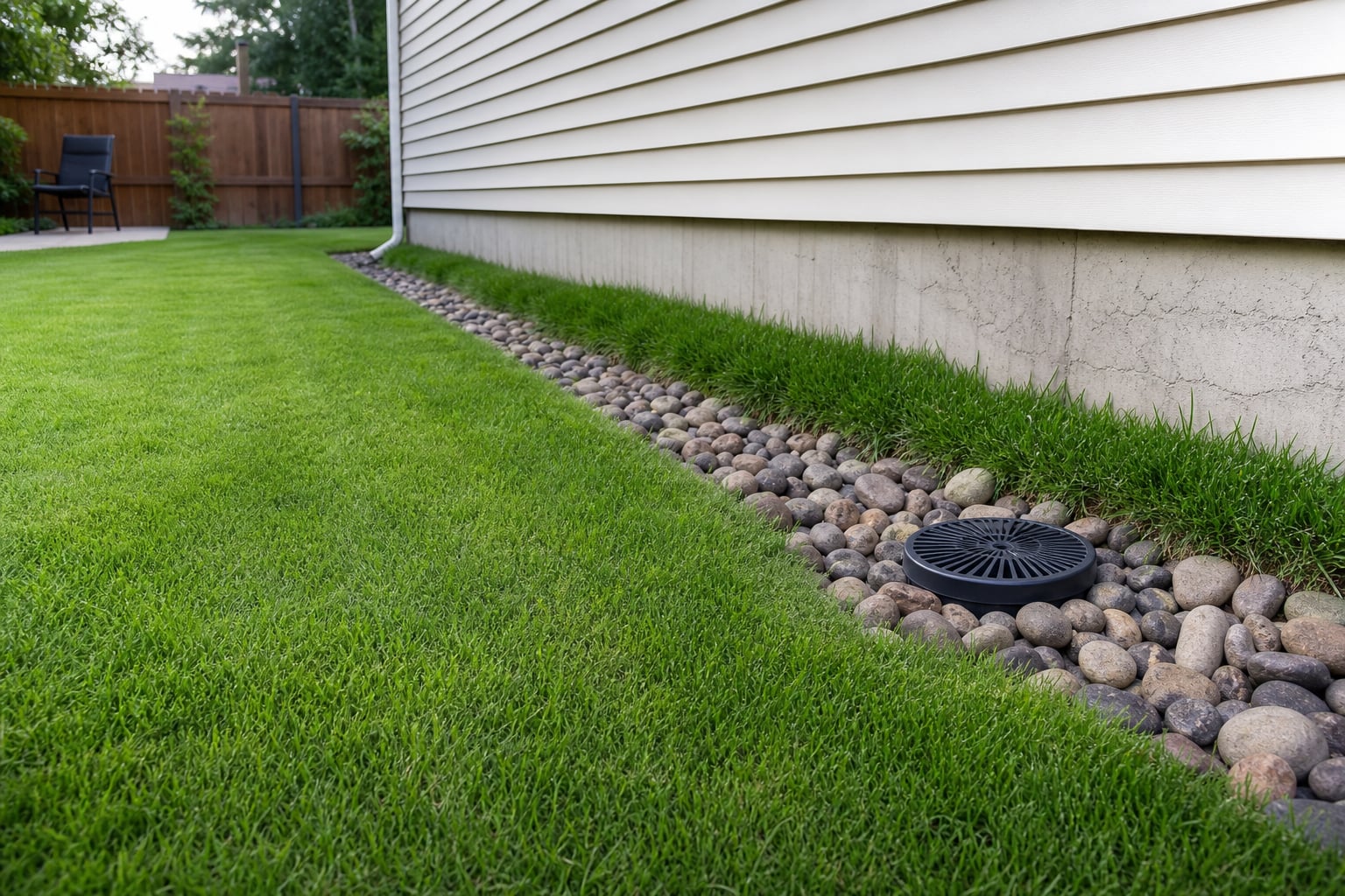 Soft lawn showing a slightly lusher strip above a soakaway