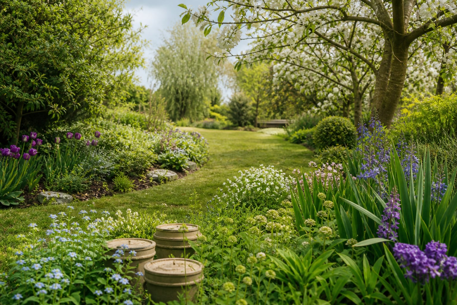 Sewage treatment plant lids in a tidy rural garden