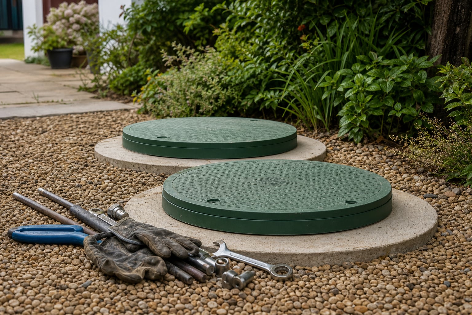 Service equipment beside tidy plant lids in a Norfolk garden
