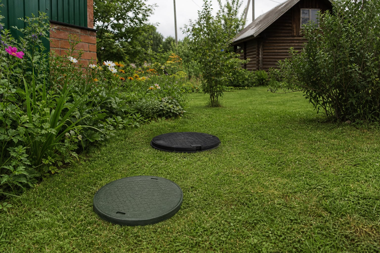 Inspection covers on a private drainage system in a village garden