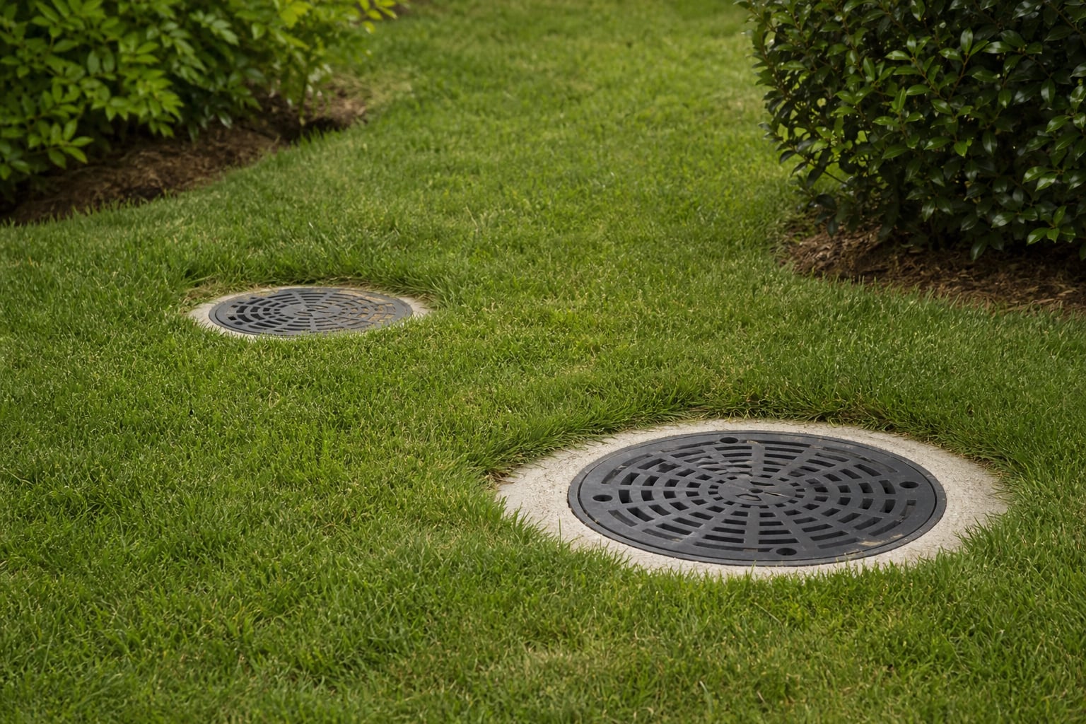 West Norfolk garden with green lawn around private drainage covers