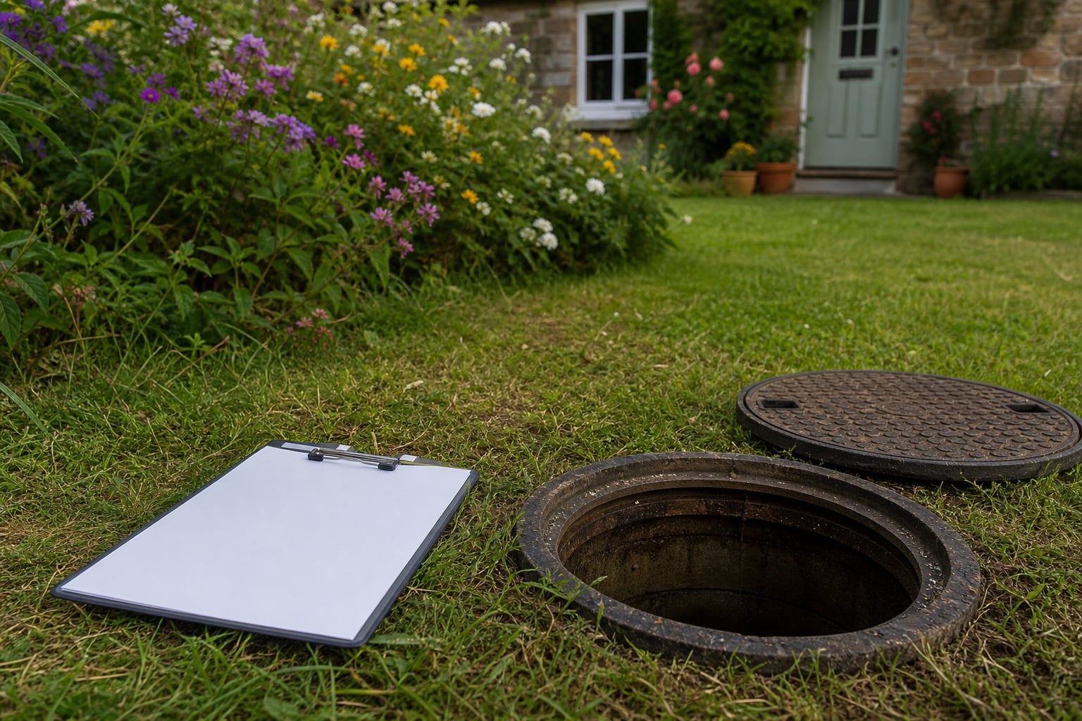 Open septic inspection cover in a maintained garden