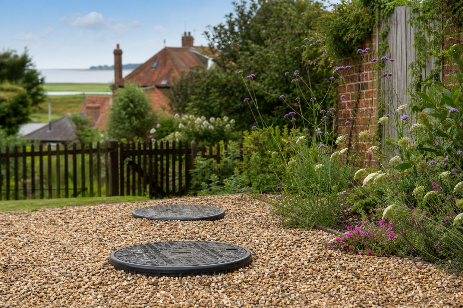 Septic tank inspection covers beside a rural Norfolk hedge